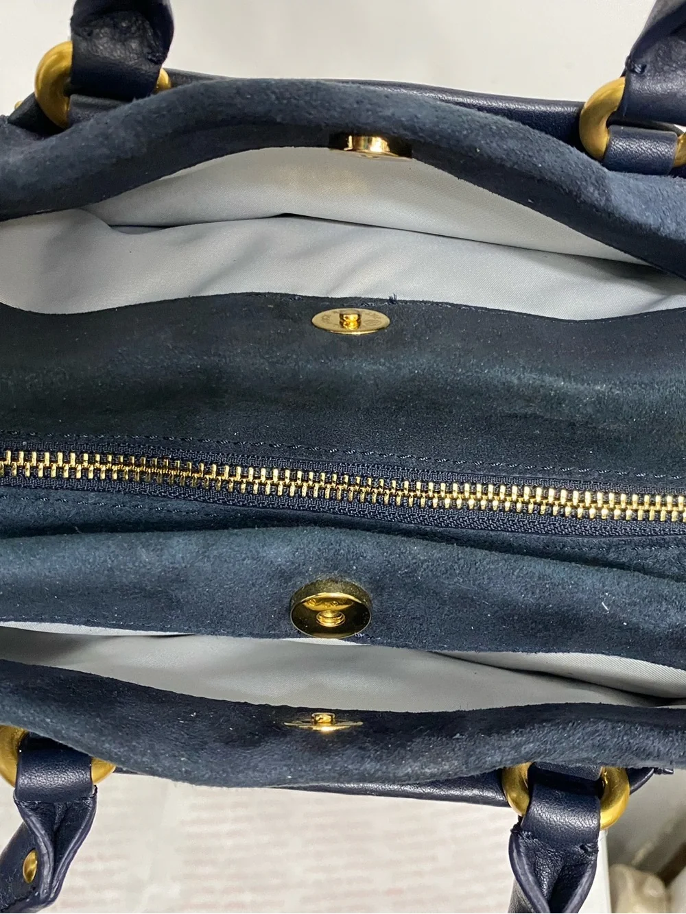 Cole Haan Suede and Leather Exterior Satchel Handbag with Gold Hardware. New